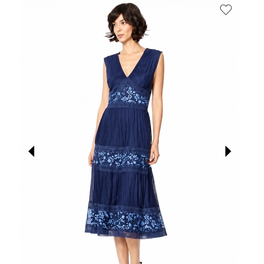 Tadashi Shoji | NWT Women's s Navy Blue Embroidered Tulle Lace Midi Dress, 8